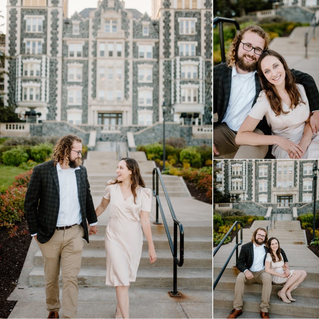 Couple walking and holding hands.