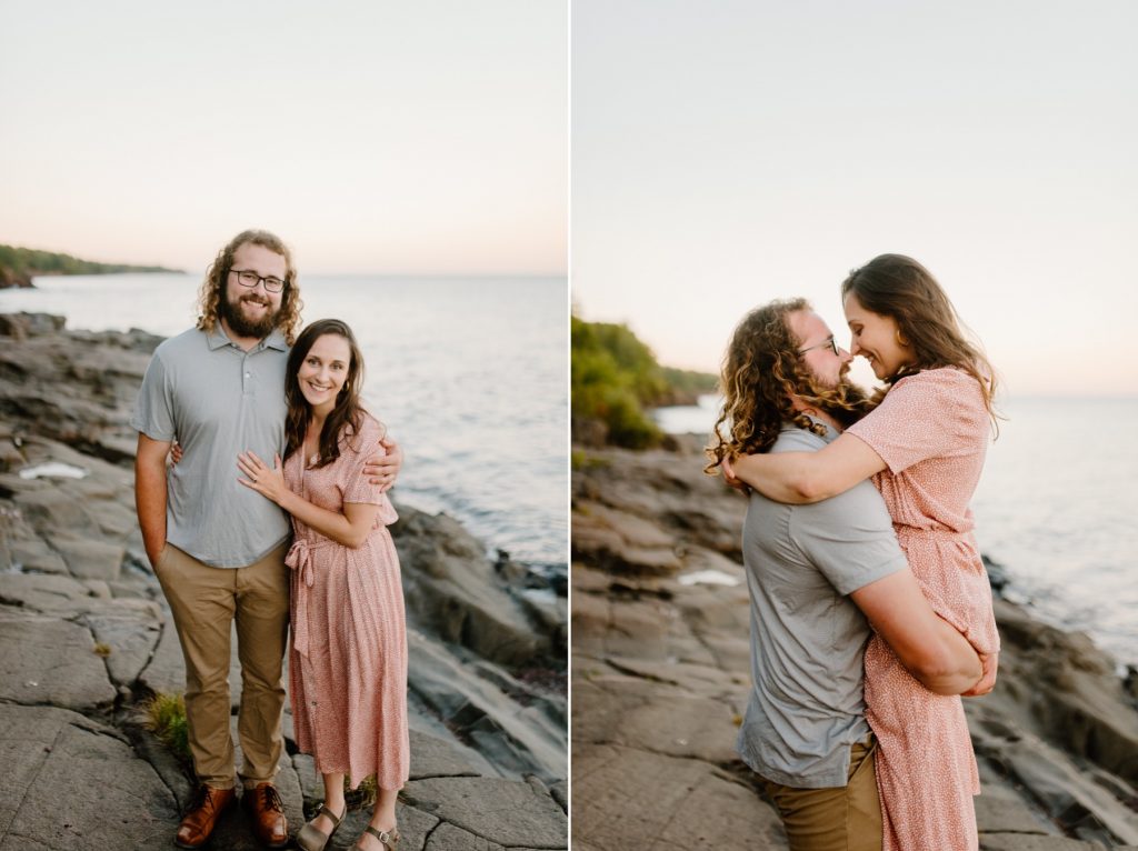 Couple hugging by Lake Superior.