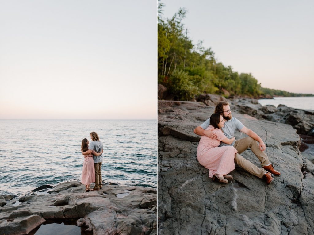 Couple hugging by Lake Superior.