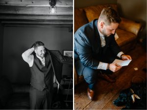 Groom getting ready and reading letter