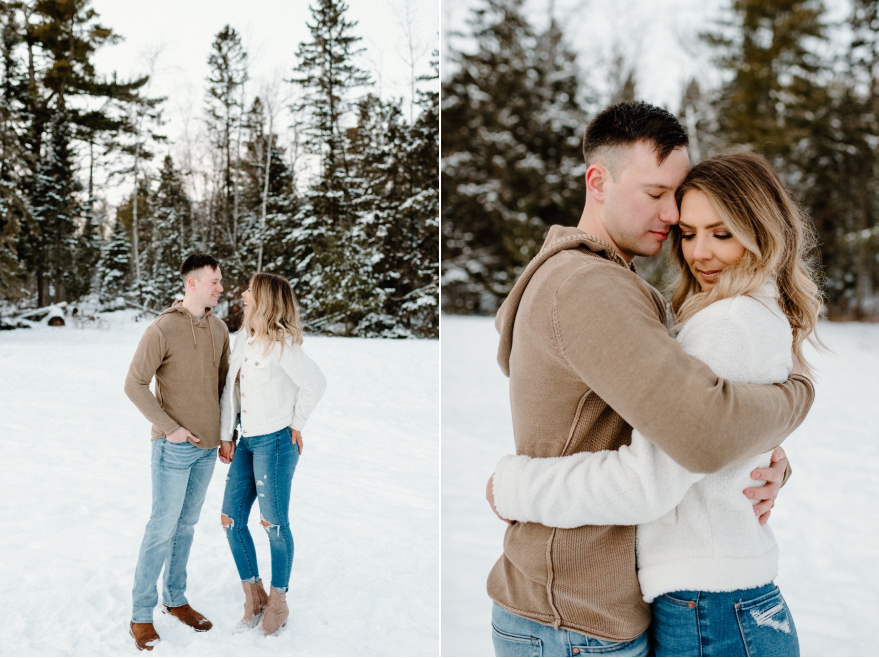 Couple laughing and hugging in the woods