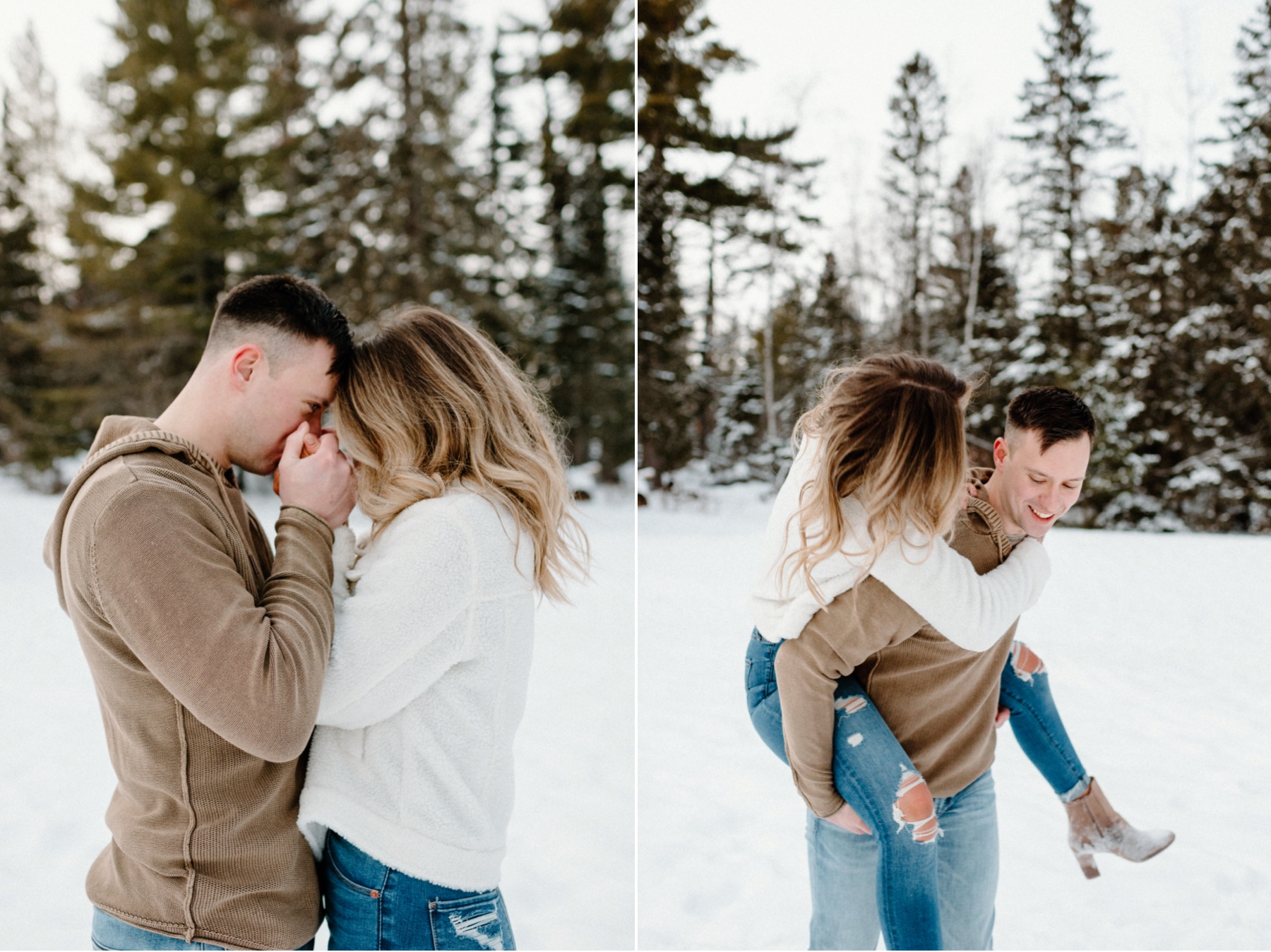 Couple laughing and posing in a snowy landscape